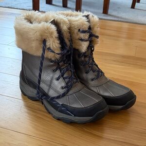 Clarks Metalic Pewter Look With Contrasting Blue Laces, Fur-Lined Winter Boots.